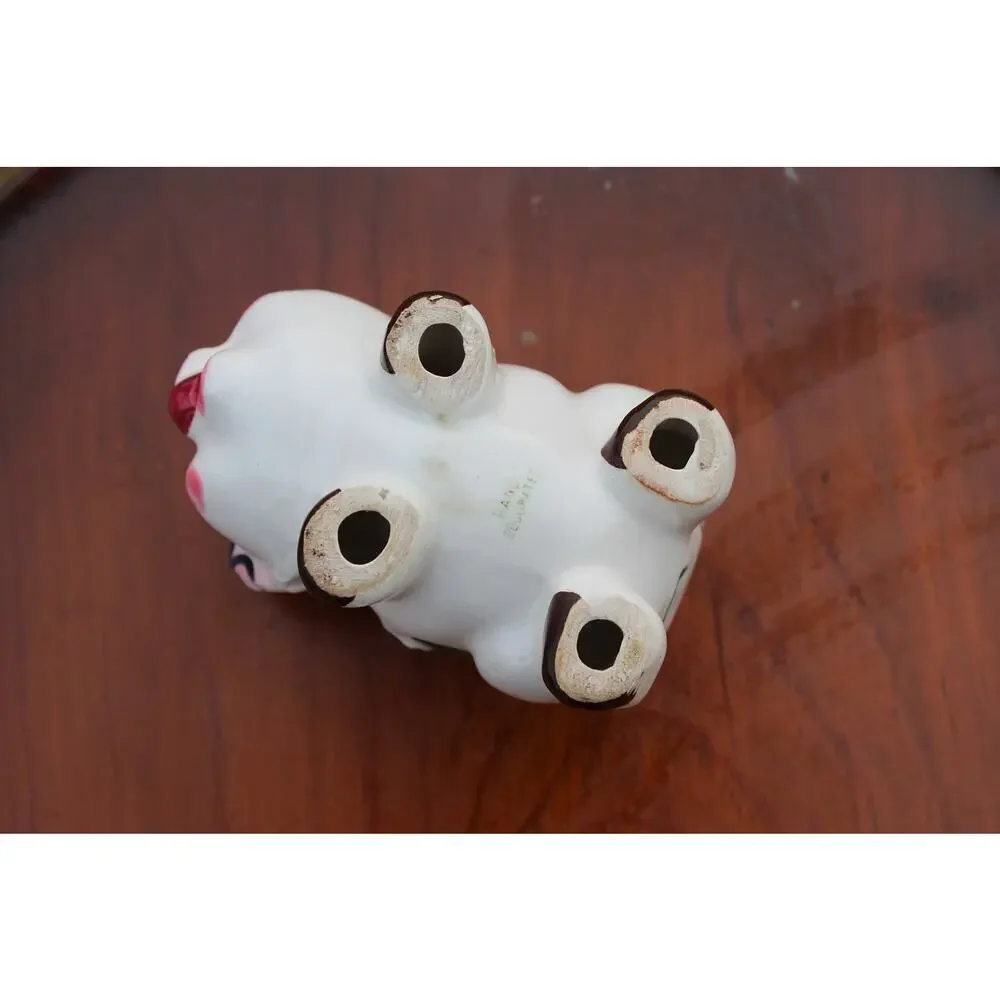 Vintage Ceramic Piggy Bank Hand Decorated Smiling Pig Drain Plug Nursery Decor